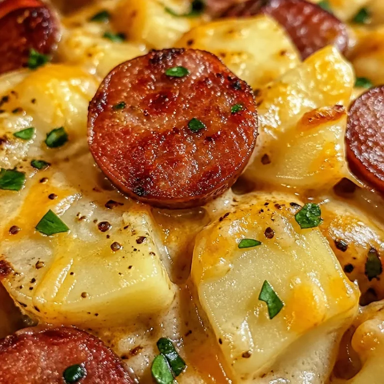 Delicious kielbasa sausage cheesy potato casserole ready to serve