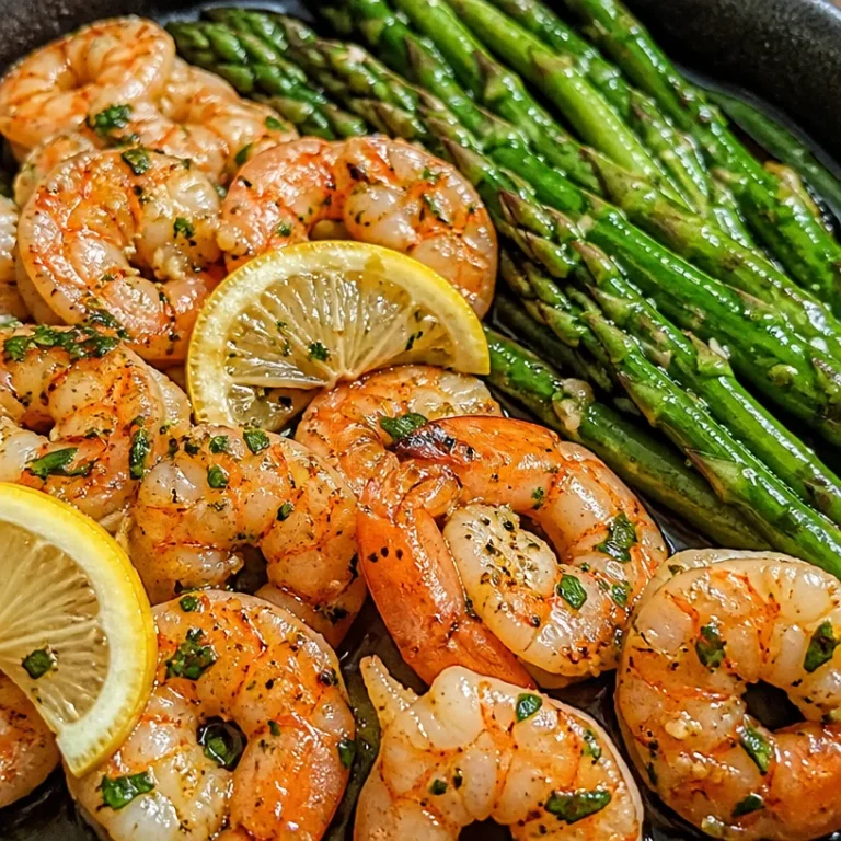Lemon Garlic Shrimp served with fresh asparagus on a white plate