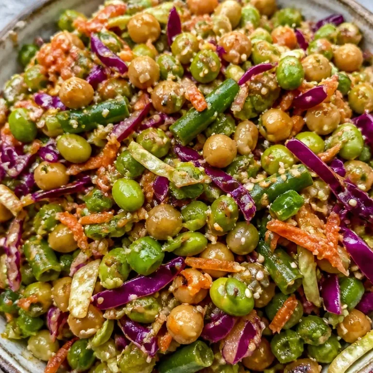 Miso sesame dense bean salad with vibrant vegetables and garnishes.