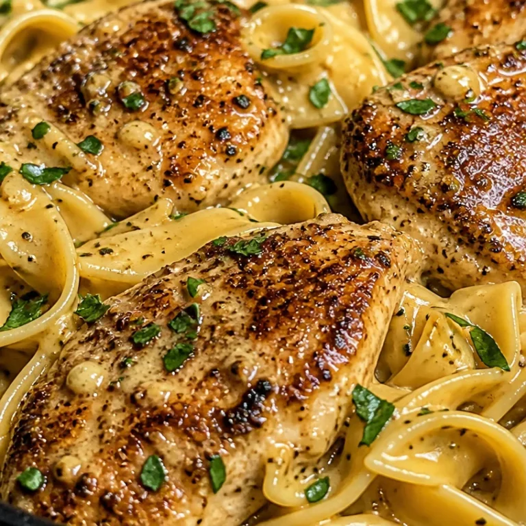 One-pan creamy garlic butter chicken dish with egg noodles