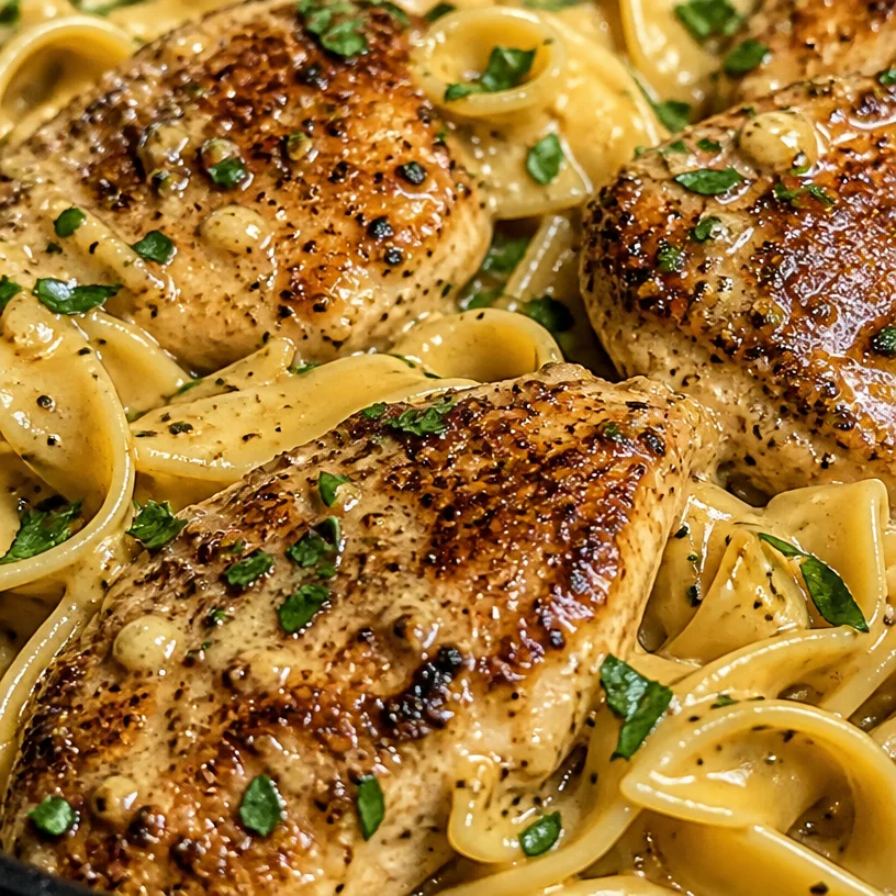 One-pan creamy garlic butter chicken dish with egg noodles