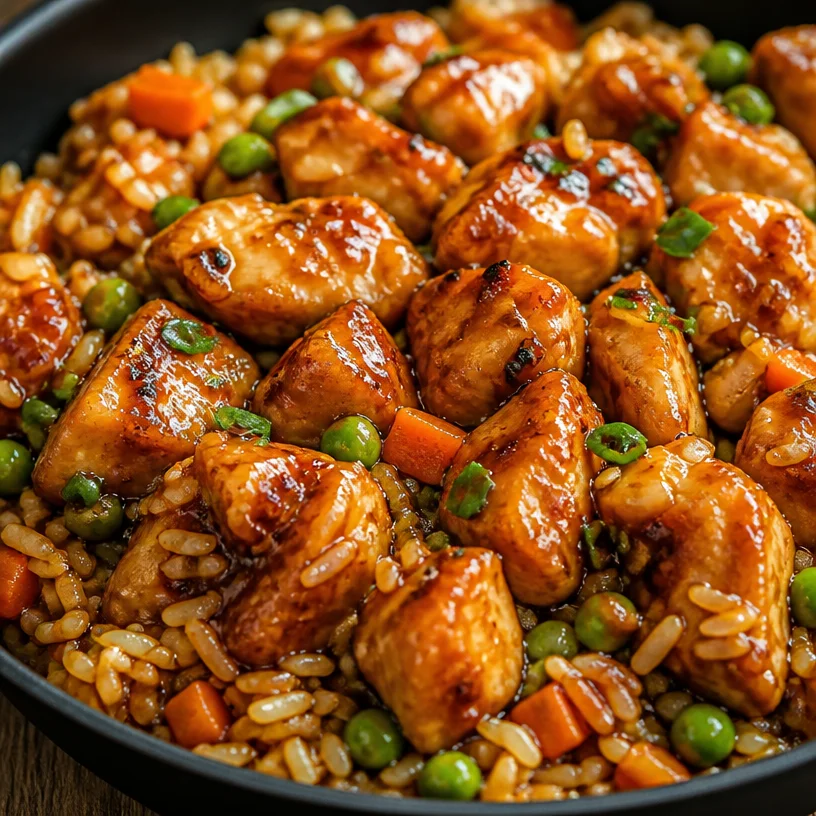 One-Pan Honey BBQ Chicken Rice served in a bowl with fresh herbs garnish