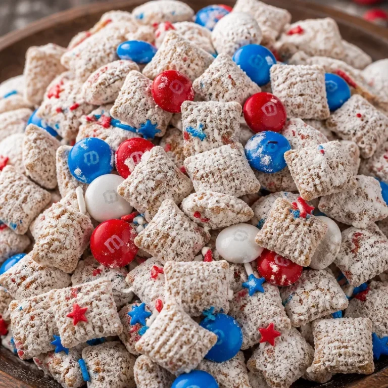 Patriotic Muddy Buddies treat with red, white, and blue colors
