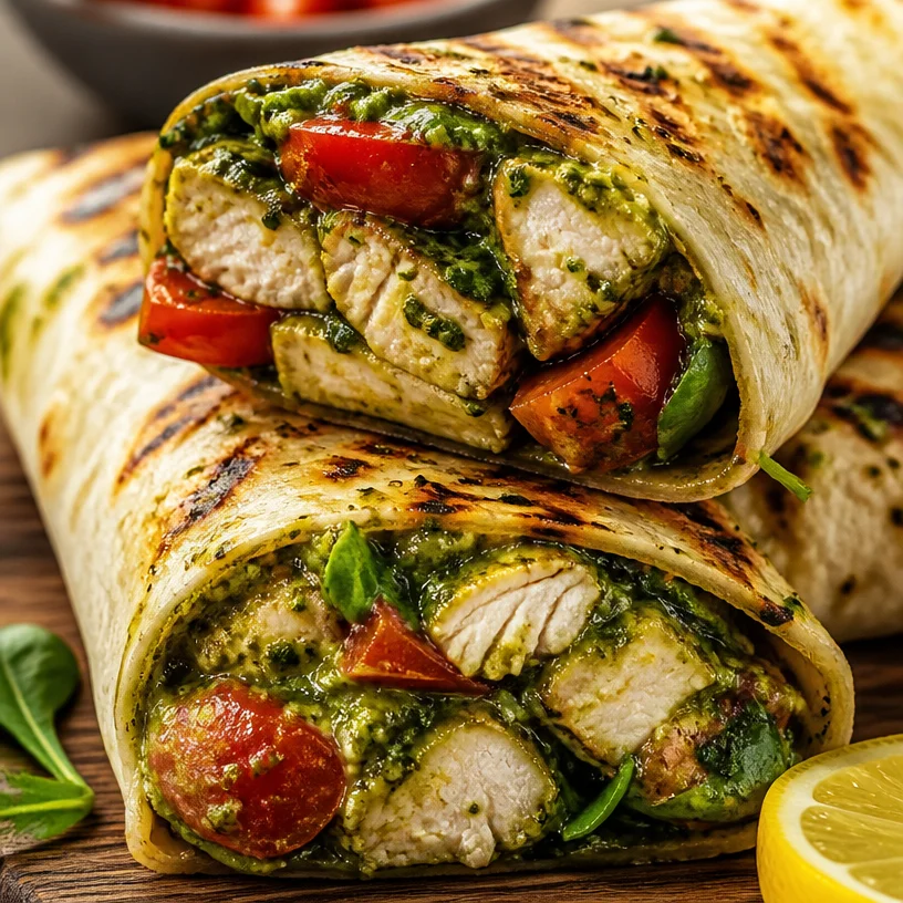 Pesto chicken wraps served with fresh vegetables in a tortilla