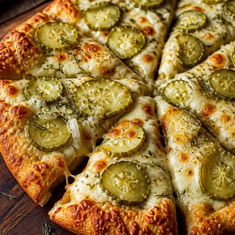 Slice of pickle pizza topped with green pickles and melted cheese on a wooden board