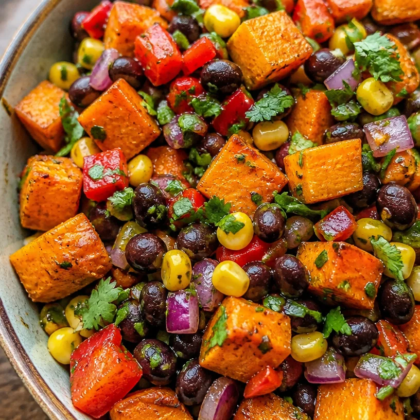 Roasted Sweet Potato Black Bean Salad in a colorful bowl with fresh ingredients