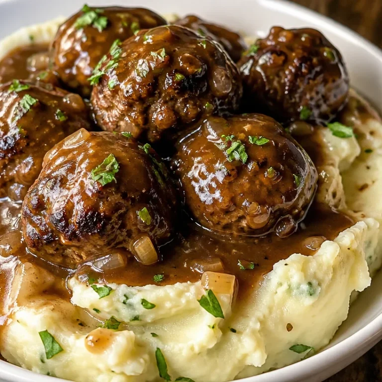 Delicious Salisbury steak meatballs with garlic herb mashed potatoes plated elegantly.