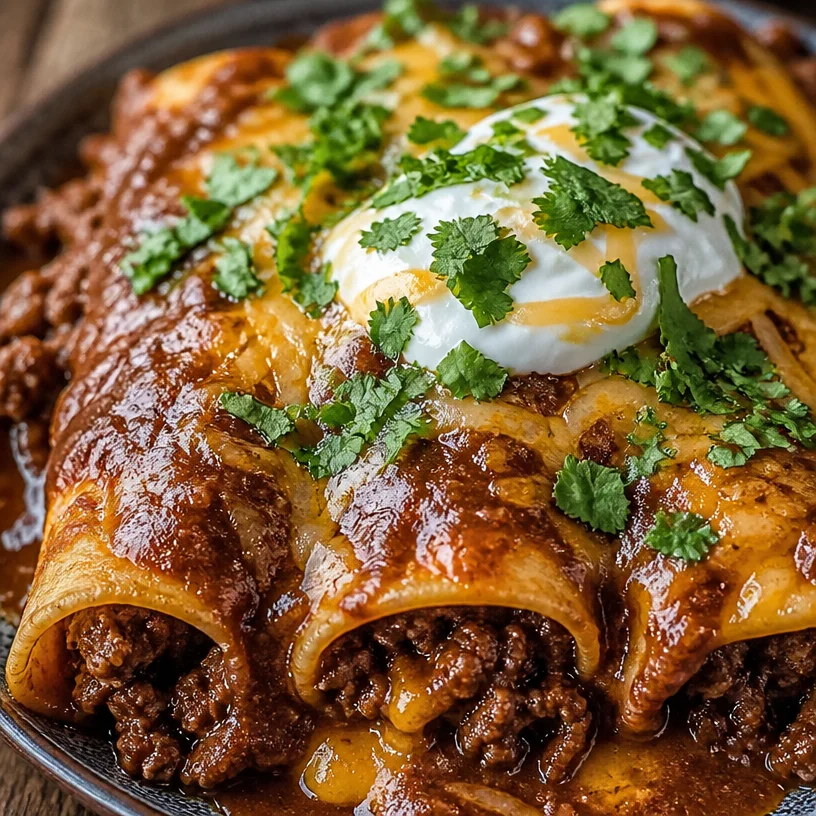 Delicious smothered ground beef burritos topped with rich sauce