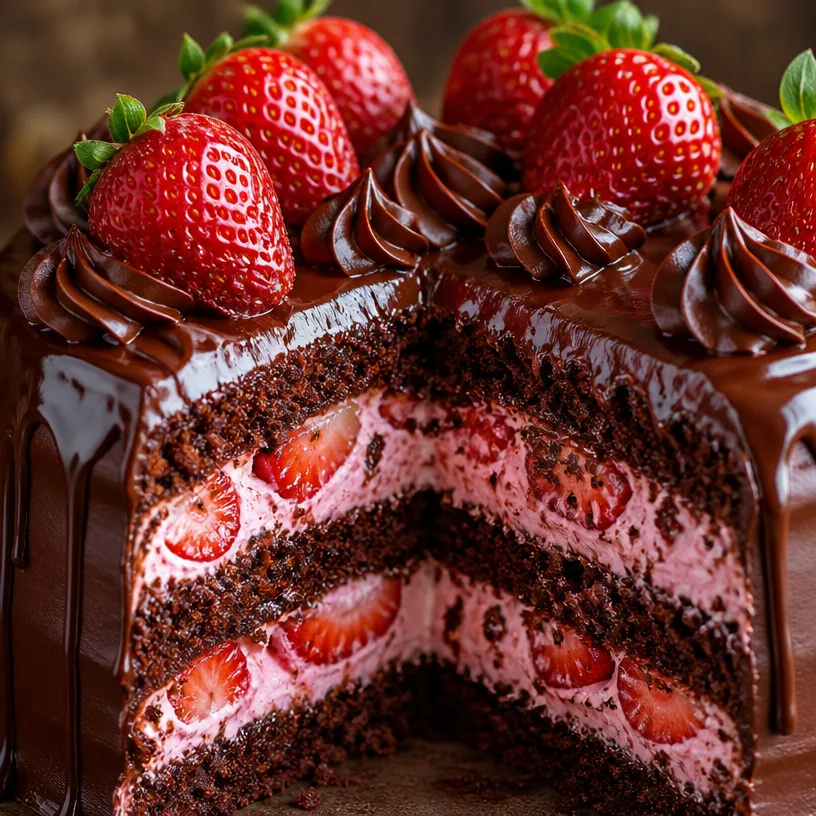 Delicious Strawberry Chocolate Shell Cake with fresh strawberries and chocolate coating