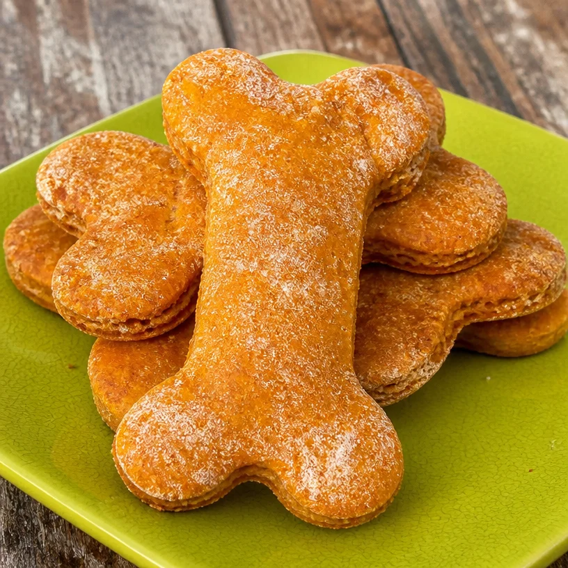 Homemade sweet potato dog treats on a wooden surface