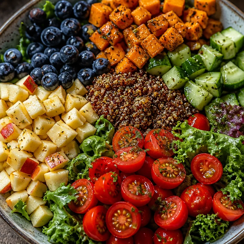 Colorful superfood salad with greens, berries, and nuts for a nutritious boost