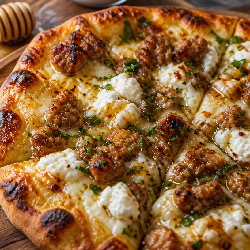 Sweet & Spicy Sausage Ricotta Honey Pizza with vibrant toppings