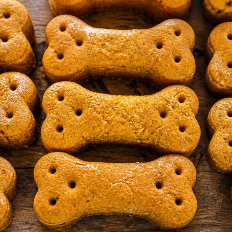 Peanut butter and pumpkin dog treats in a bowl, perfect for rewarding dogs with healthy snacks.