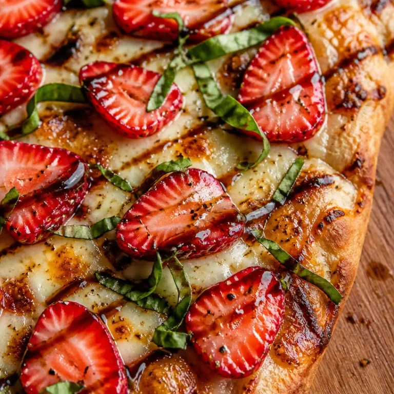 Delicious homemade strawberry pizza with fresh strawberries and cheese.