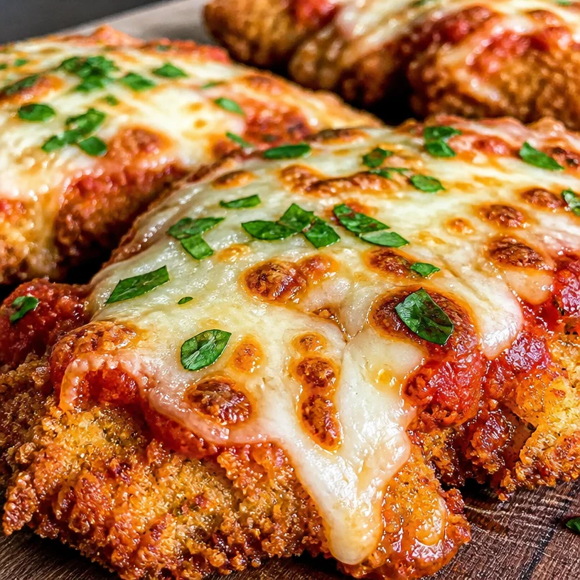 Air Fryer Chicken Parmesan served with marinara sauce and fresh basil.