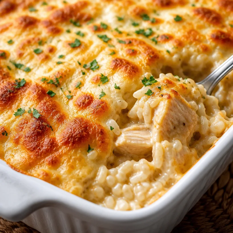 Delicious Angel Chicken Rice Casserole topped with crispy edges and creamy sauce