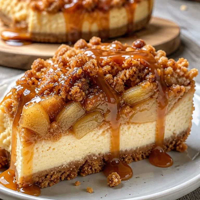 Delicious apple crisp cheesecake with crumbly topping and apple slices