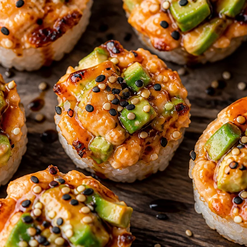 Baked sushi cups served on a plate, showcasing their crispy texture and flavorful filling