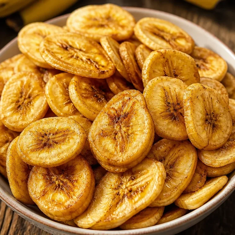 A bowl of crispy and golden banana chips, a healthy snack option.