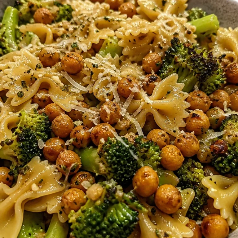 Plate of Broccoli Chickpea Pasta drizzled with Garlic Olive Oil