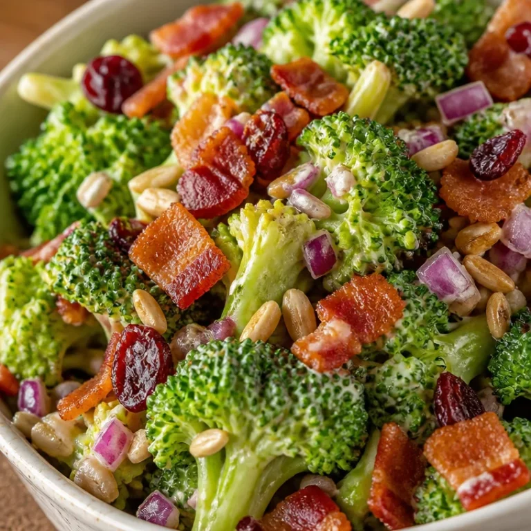 Vibrant broccoli salad with colorful vegetables and dressing.