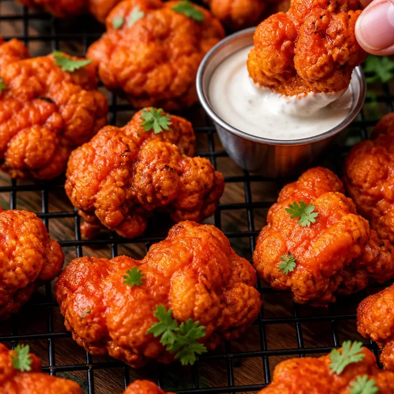 Delicious Buffalo Cauliflower Wings served on a plate with dipping sauce
