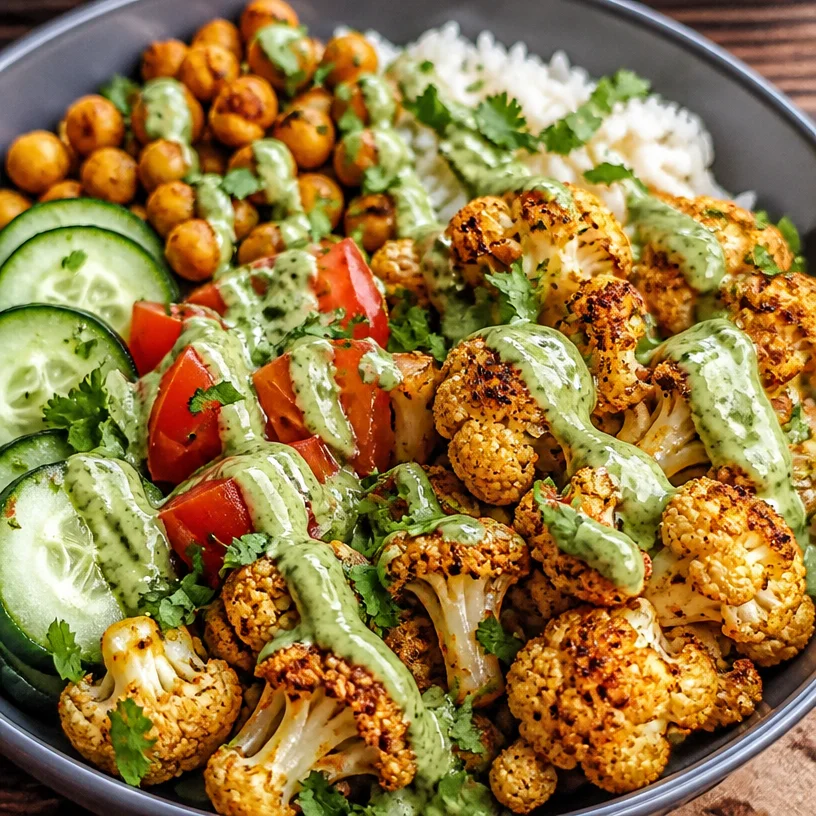 A vibrant cauliflower shawarma bowl topped with fresh vegetables and tahini sauce.