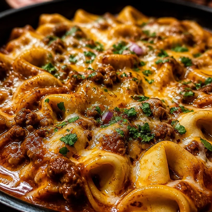 Cheesy beef enchiladas tortellini dish served with toppings