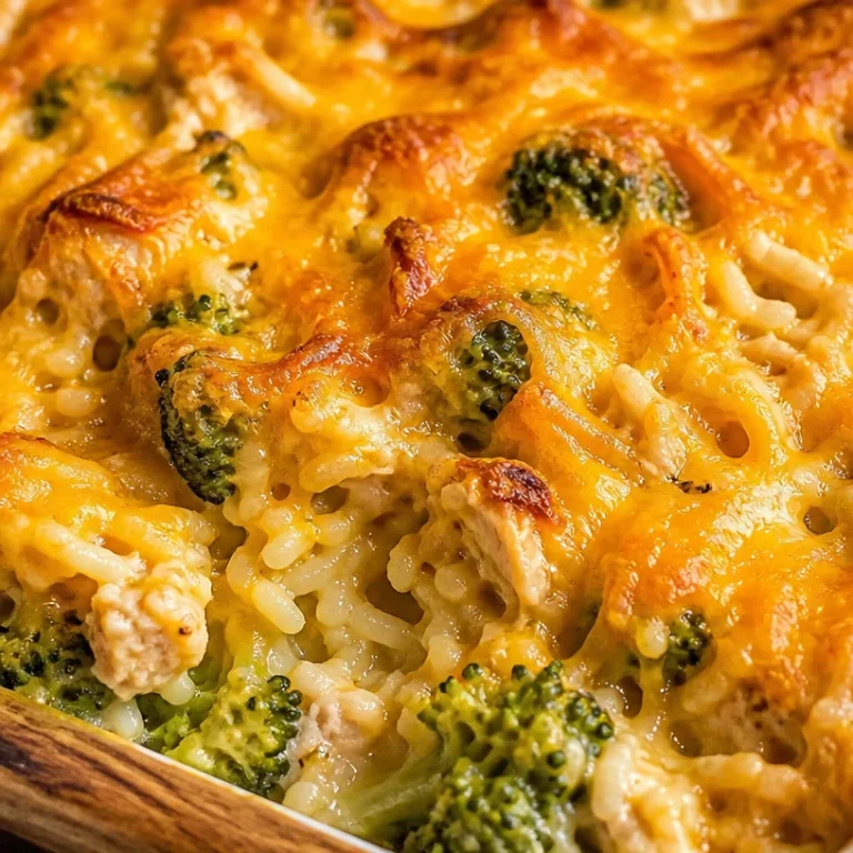 Cheesy broccoli chicken and rice casserole in a baking dish
