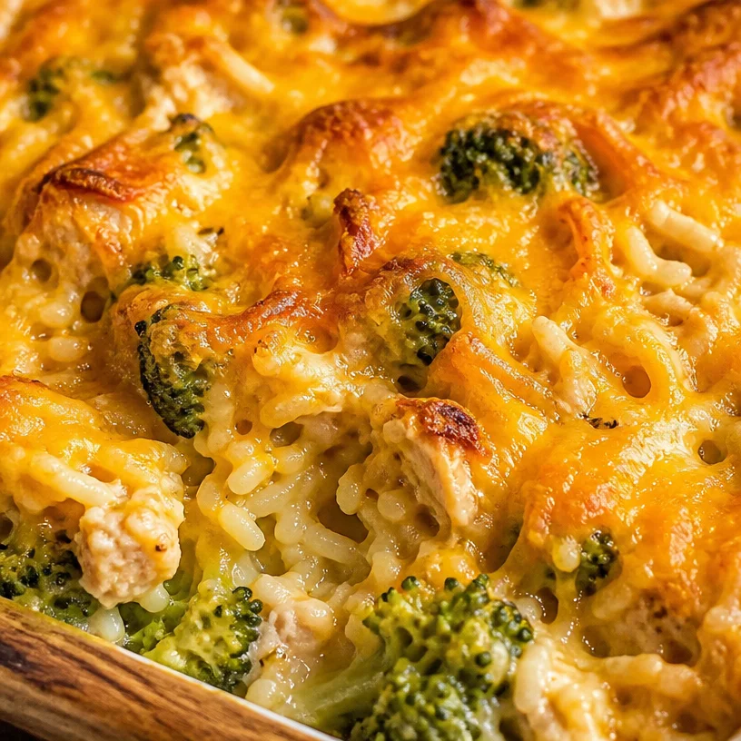Cheesy broccoli chicken and rice casserole in a baking dish