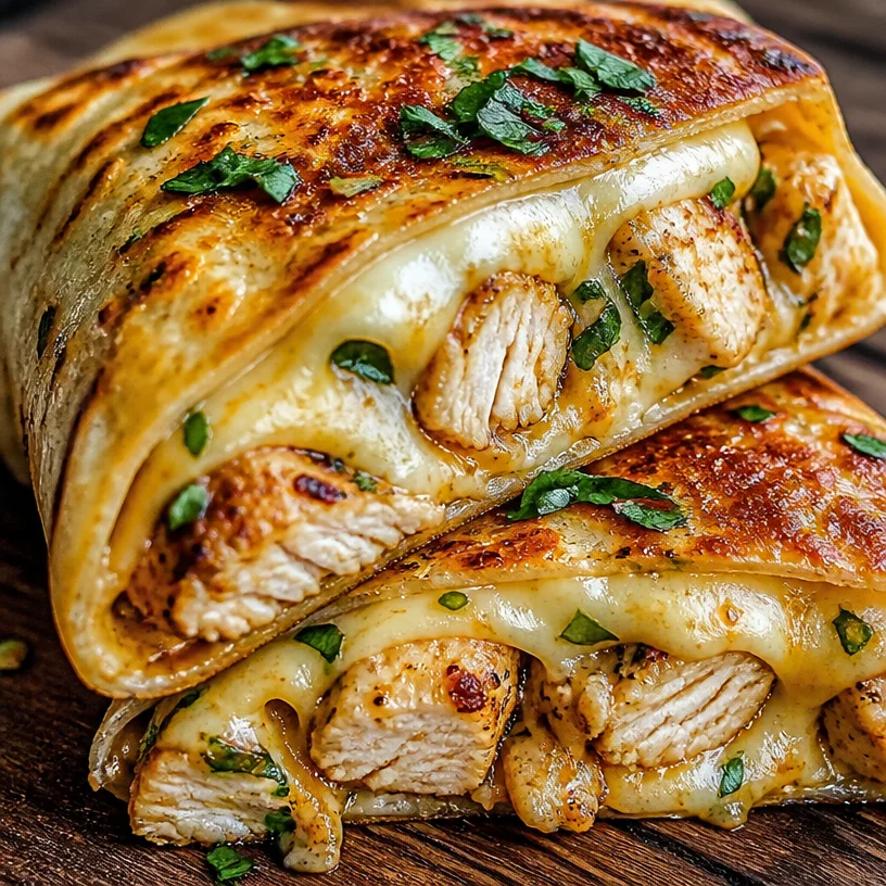 Delicious cheesy chicken wraps with fresh ingredients and tortilla
