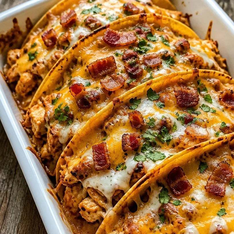Cheesy oven-crispy chicken bacon ranch tacos on a plate garnish with fresh cilantro