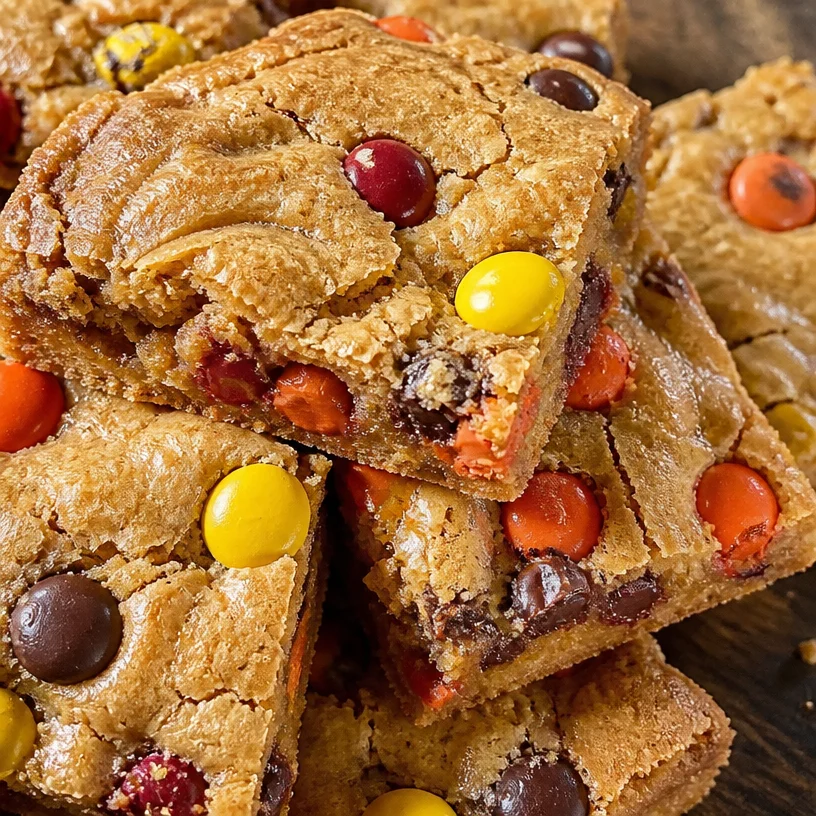Chewy REESE's PIECES peanut butter brownies served on a plate