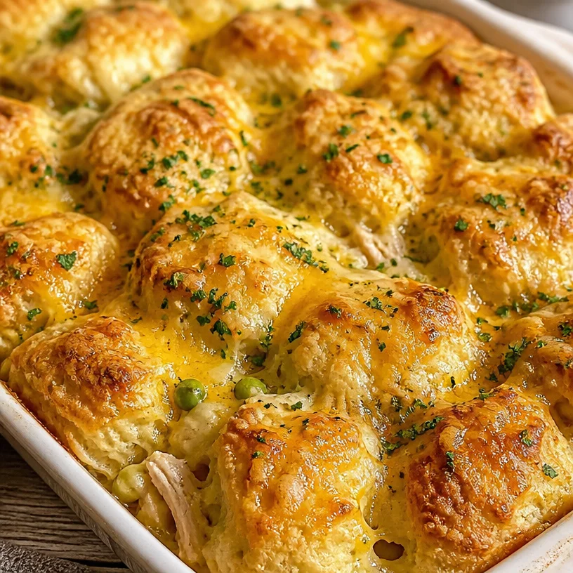 Delicious Chicken Biscuit Bake casserole with bubbling chicken and fluffy biscuits