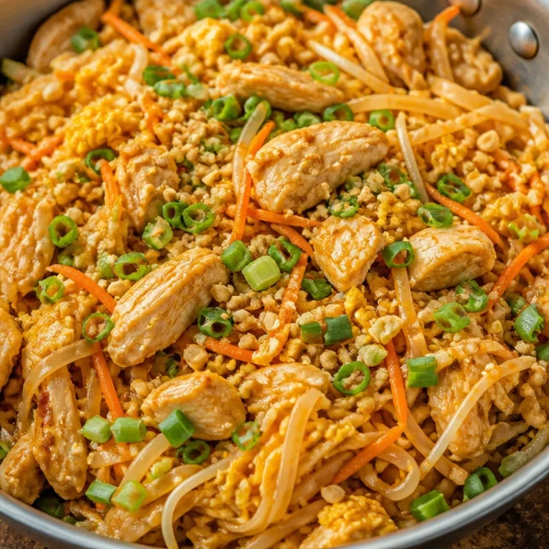 Delicious Chicken Pad Thai with chicken, noodles, and colorful vegetables