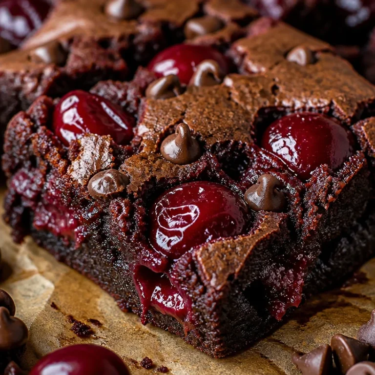 Delicious Chocolate Cherry Brownies topped with cherries and chocolate sauce