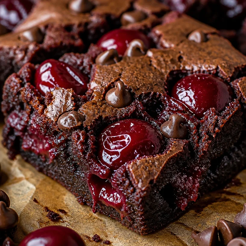 Delicious Chocolate Cherry Brownies topped with cherries and chocolate sauce