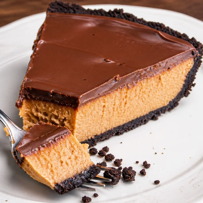 Deliciously layered Chocolate Peanut Butter Pie topped with chocolate drizzle