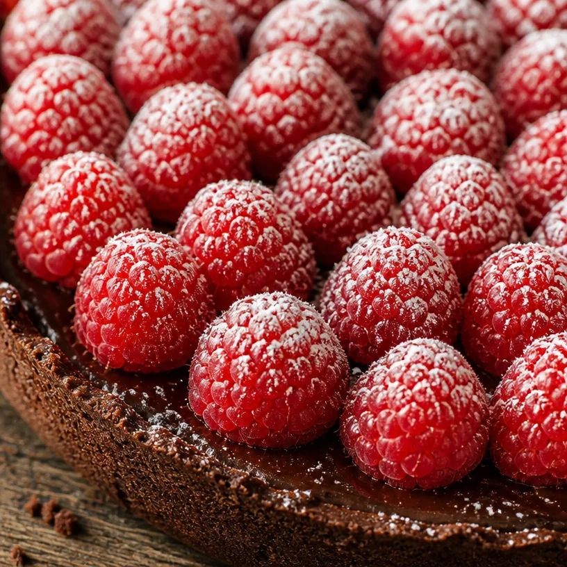 Delicious Chocolate Raspberry Tart garnished with fresh raspberries and chocolate shavings.