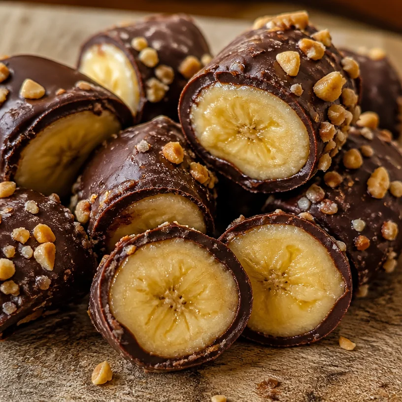 Chunky Monkey Banana Bites with chocolate and walnuts on a plate