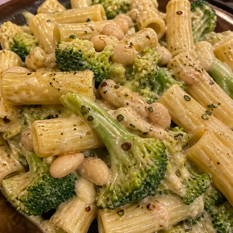 Vegan broccoli Alfredo with white beans, creamy sauce, and fresh broccoli serving