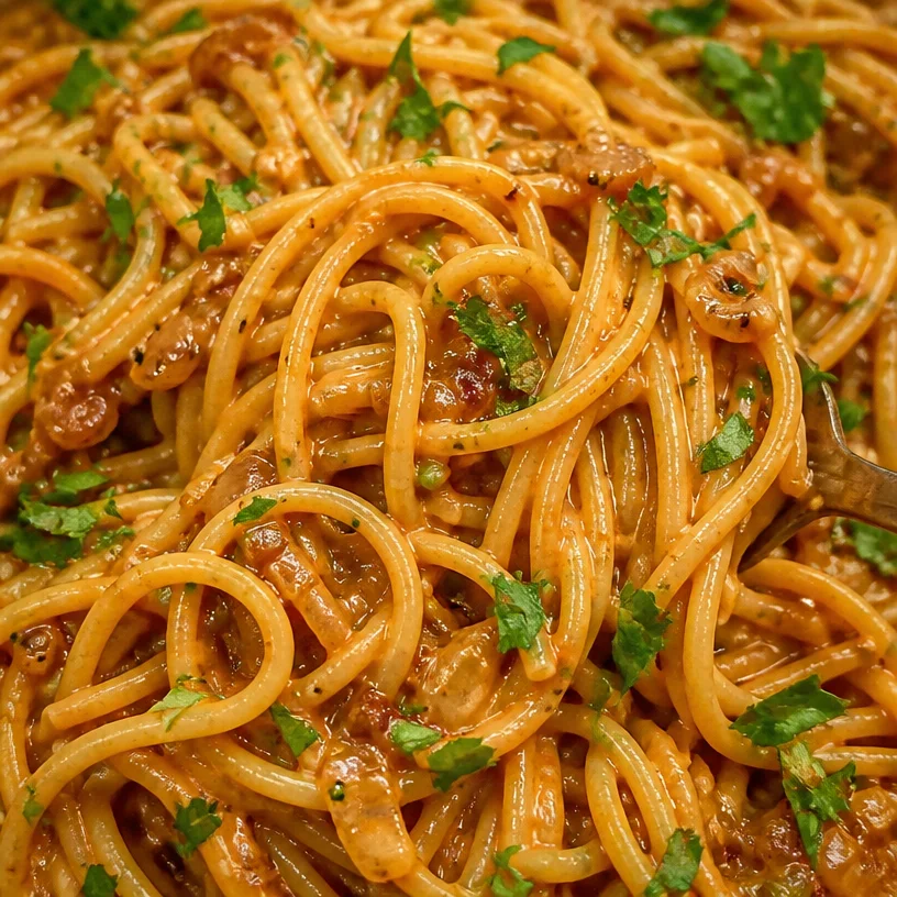 Creamy vegan caramelized onion pasta dish with fresh herbs