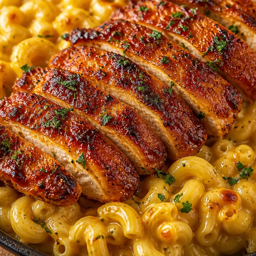 Crispy Honey Pepper Chicken served over creamy mac and cheese