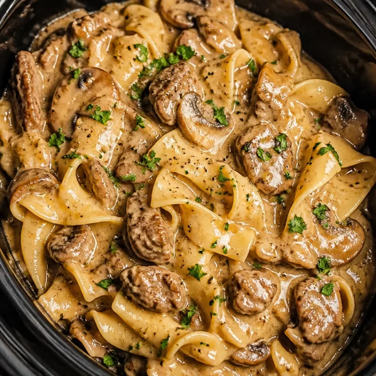 Crock Pot Beef Stroganoff served in a bowl with noodles and garnished with parsley