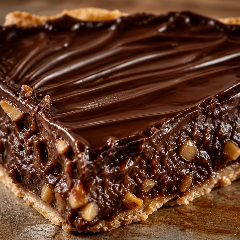 A delicious slice of decadent hot fudge pie on a plate