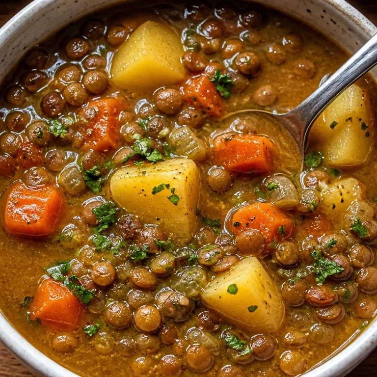 Bowl of easy lentil potato soup garnished with herbs