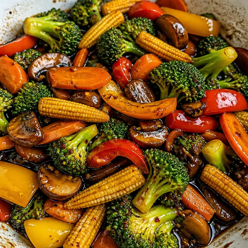 Colorful one-pan vegetable stir fry with fresh ingredients cooked to perfection.