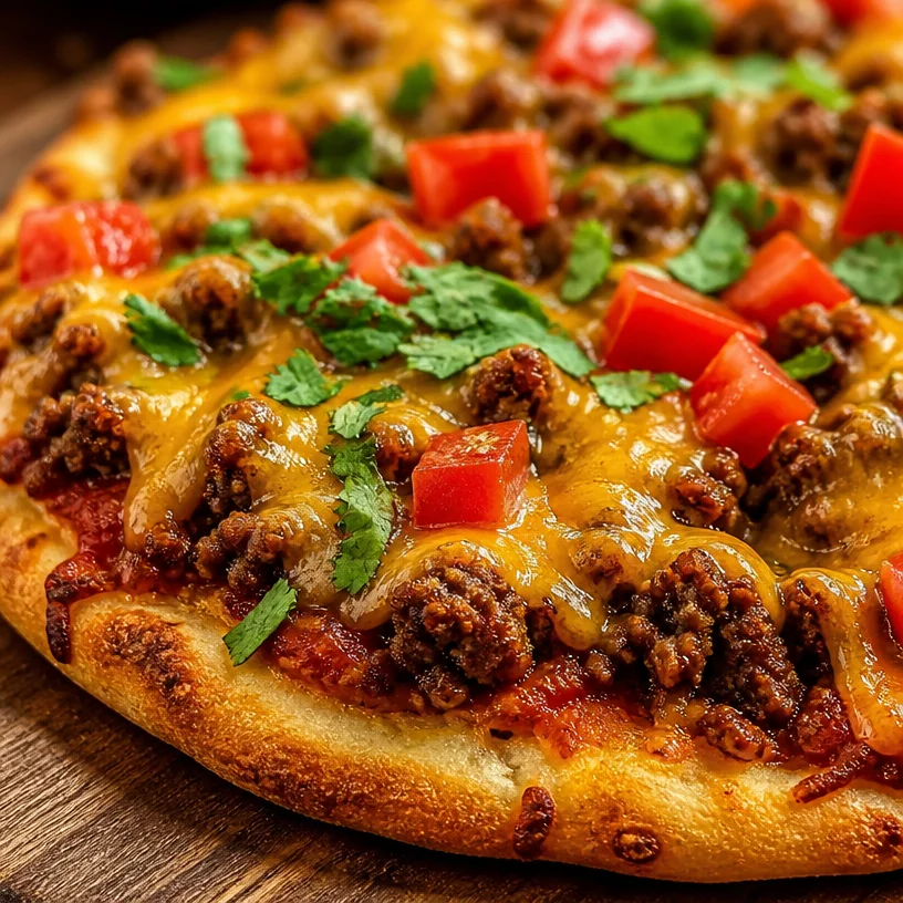 Delicious easy taco pizza topped with fresh ingredients and cheese