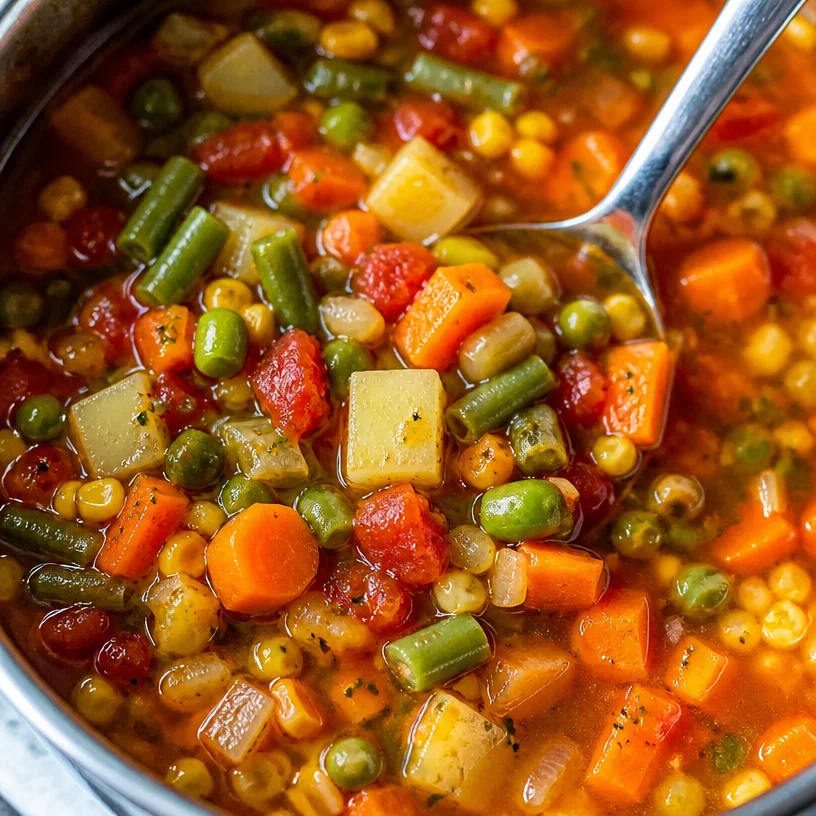 Bowl of easy vegetable soup with colorful fresh vegetables and herbs
