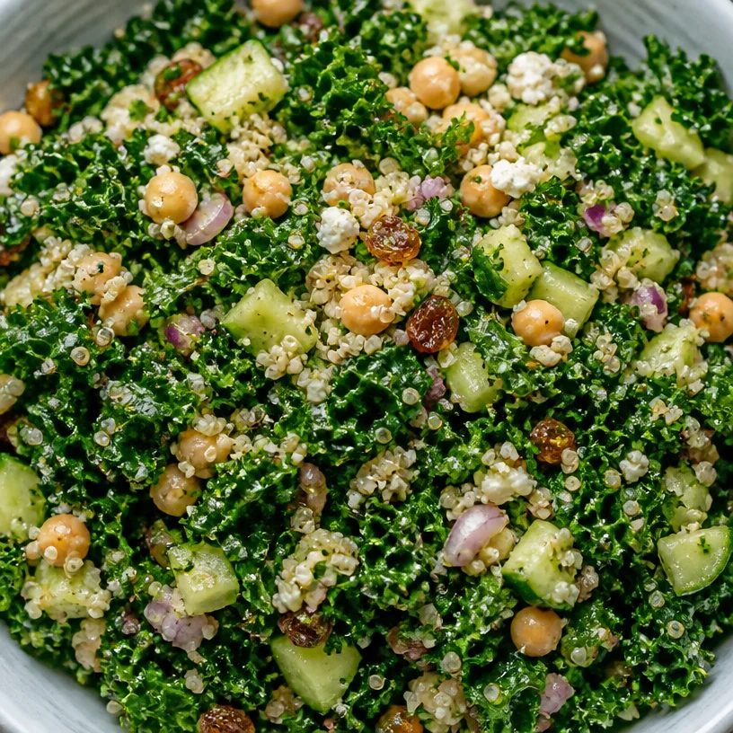 Fresh healthy kale quinoa salad with colorful vegetables and dressing